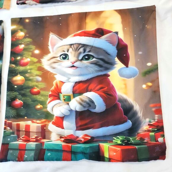 Christmas Kitten Pillow Covers 4Pcs Cute Santa Cat Cushion Covers Holiday New - Picture 2 of 10